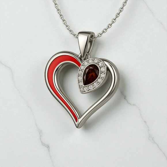 Pear Shaped Garnet and Lab Grown Diamond Heart Pendant in 925 Sterling Silver - Picture 2 of 2